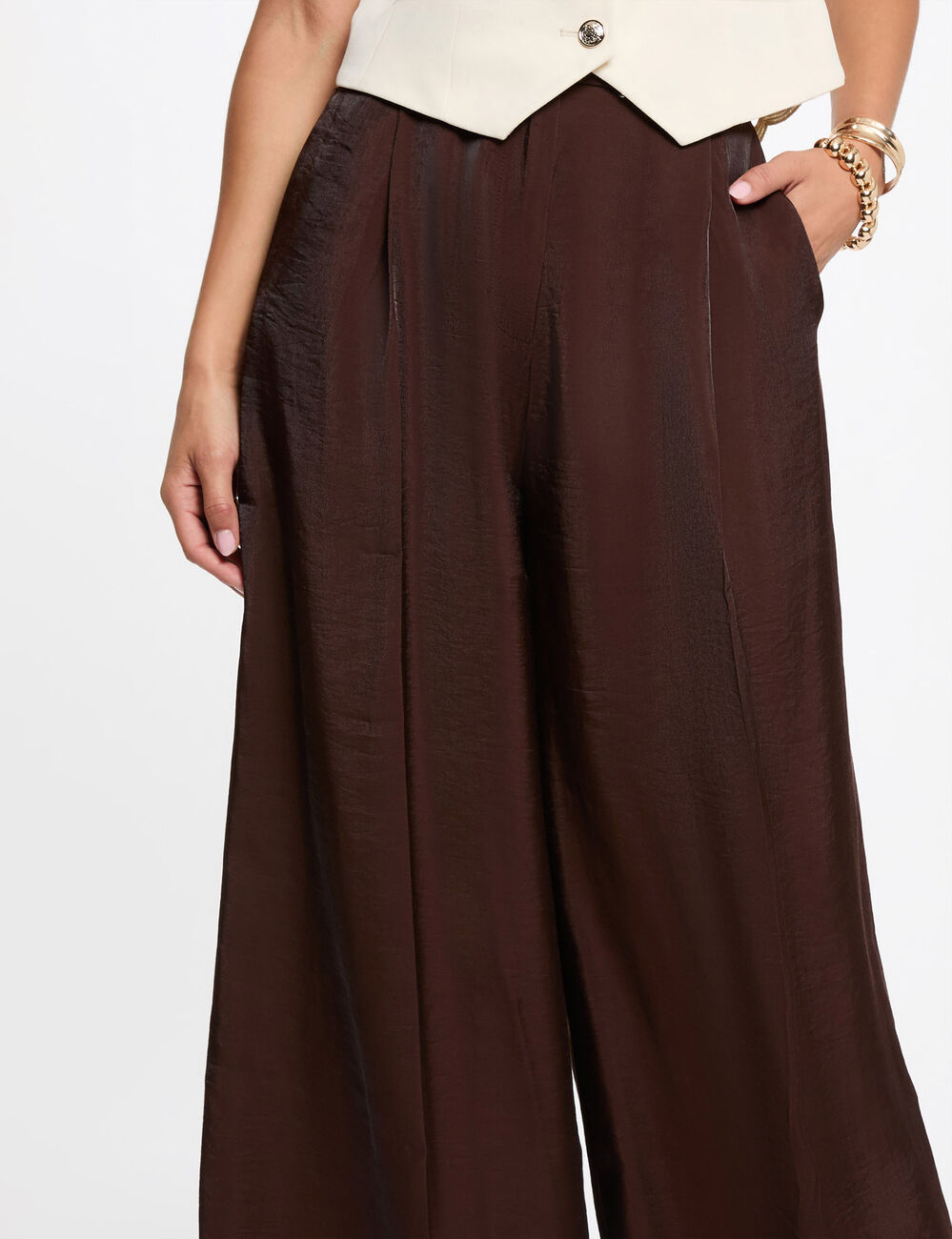 Pantalon large taille haute marron fonc&eacute; femme