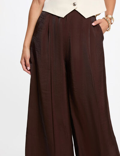 Pantalon large taille haute marron fonc&eacute; femme