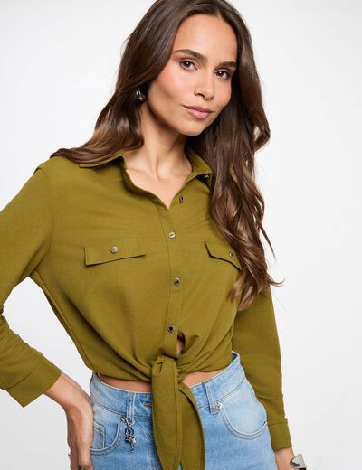 Geknoopte blouse met reverskraag olijfgroen vrouw