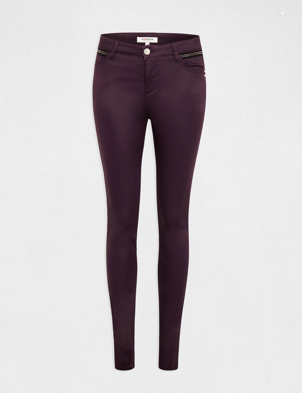 Gecoate skinny broek met juweeldetails pruim vrouw