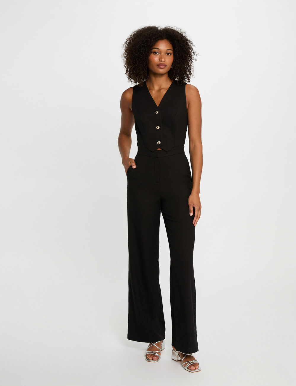 Combinaison longue col en V noir femme