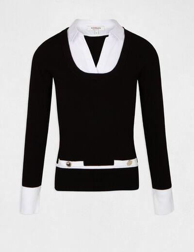 Pull manches longues avec col superpos&eacute; noir femme