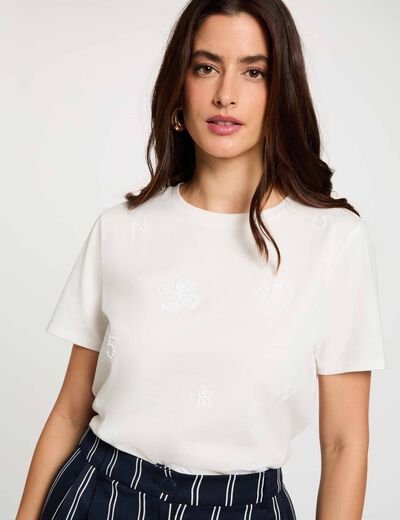 Geborduurd T-shirt met ronde hals helder wit vrouw