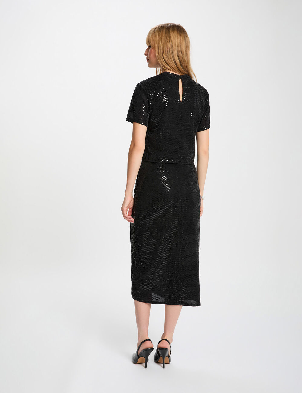 T-shirt met pailletten en hoge kraag zwart vrouw
