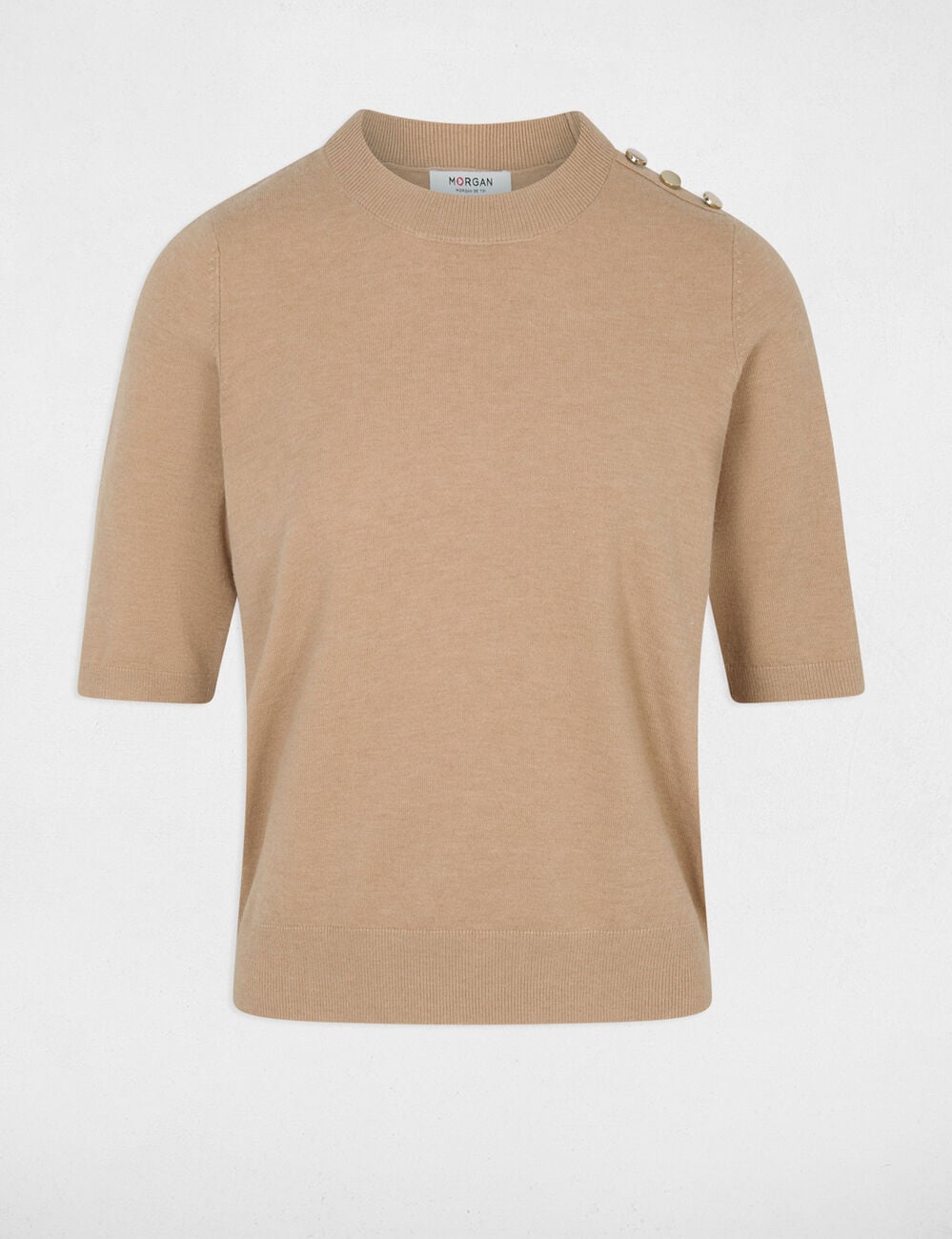 Trui ronde hals korte mouwen beige vrouw