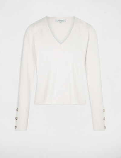 Pull manches longues col en V ivoire femme