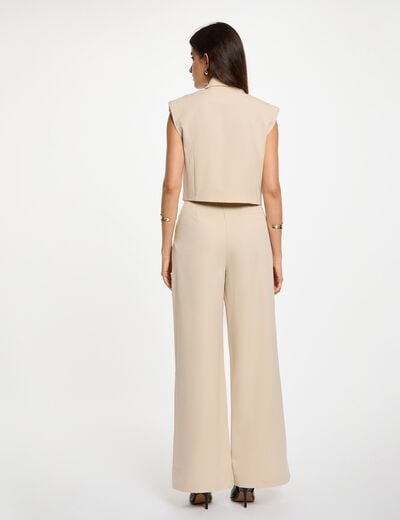Pantalon large taille haute beige femme