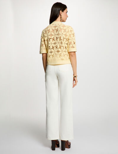 Gilet ajour&eacute; col rond jaune pastel femme