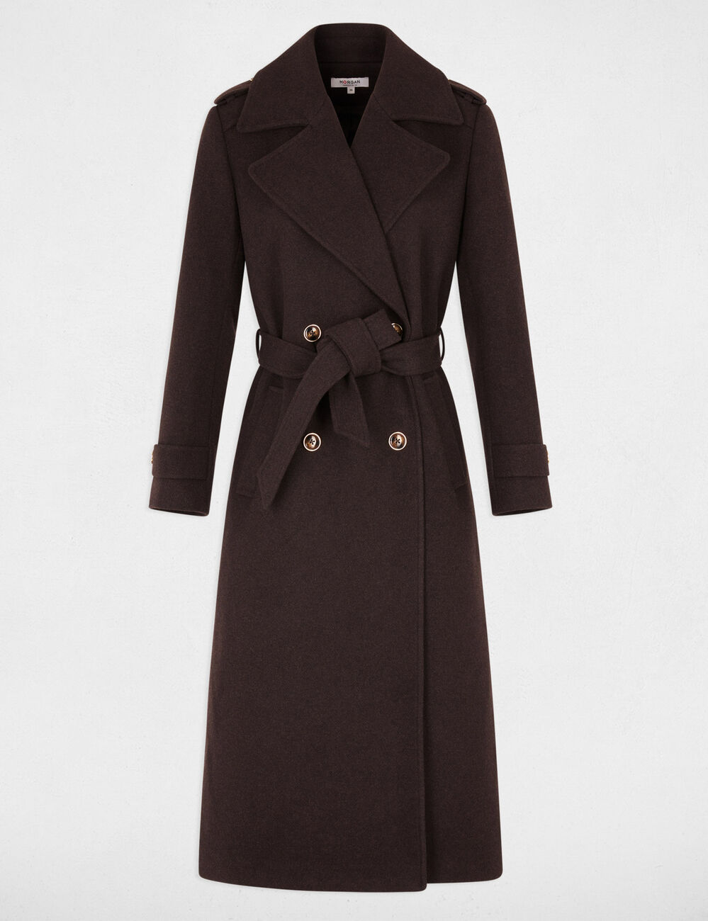 Manteau long ceintur&eacute; marron fonc&eacute; femme