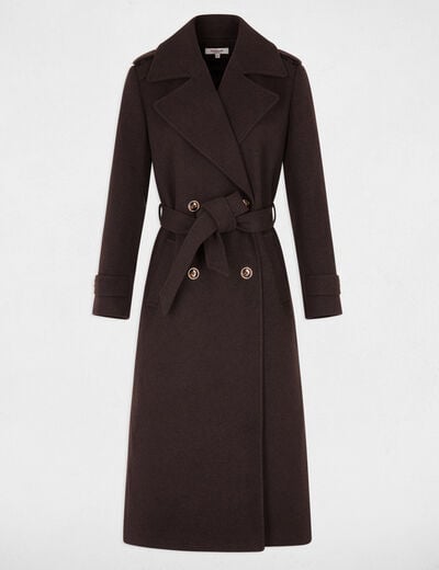 Manteau long ceintur&eacute; marron fonc&eacute; femme