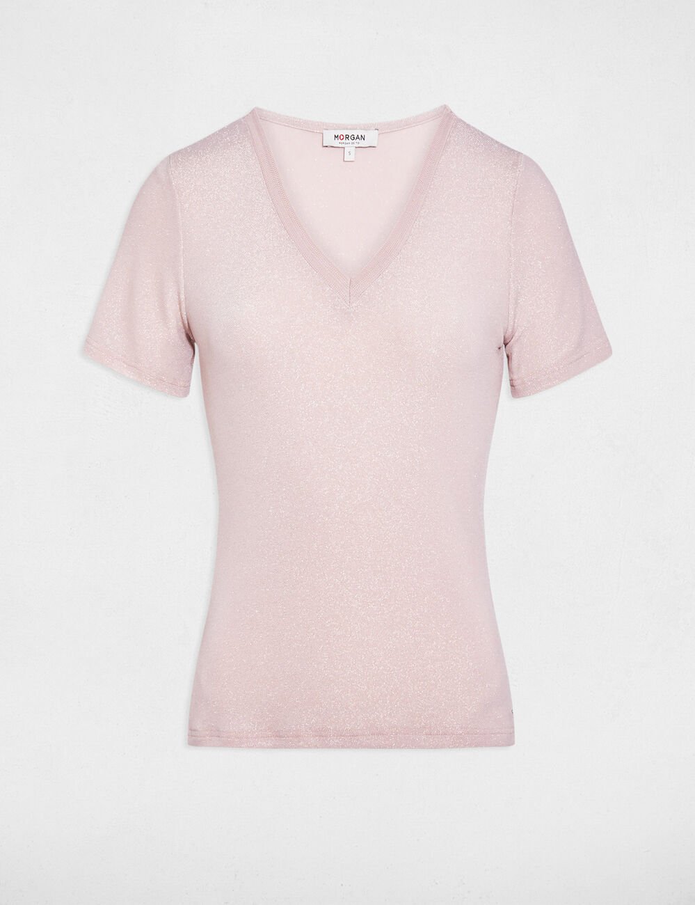 T-shirt manches courtes avec col en V rose clair femme