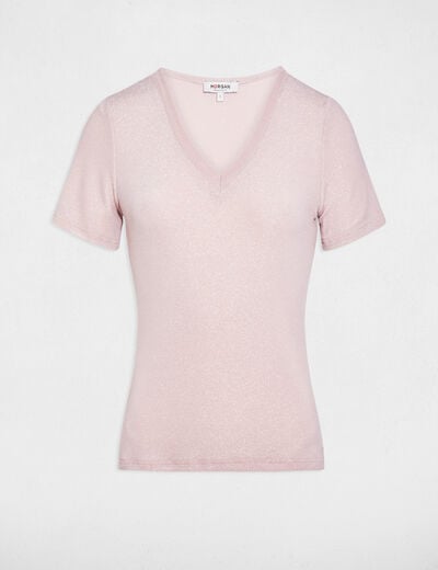 T-shirt manches courtes avec col en V rose clair femme