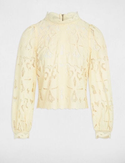 Blouse met borduursel en hoge kraag pastel geel vrouw