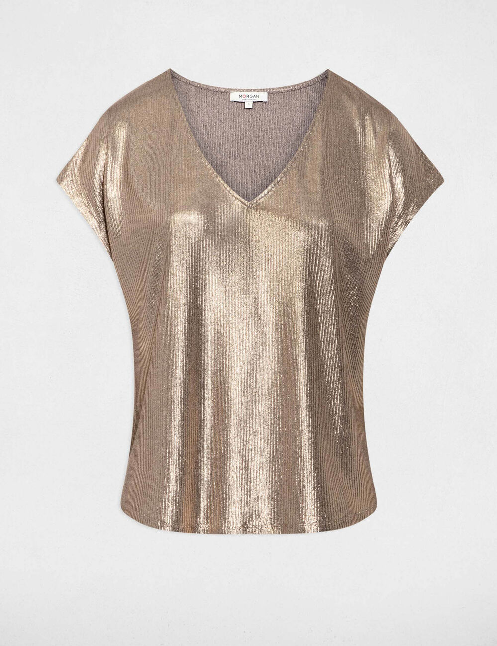T-shirt col v côtelé couleur bronze femme