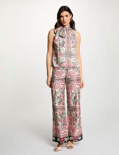 Pantalon large satin&eacute; multicolore femme