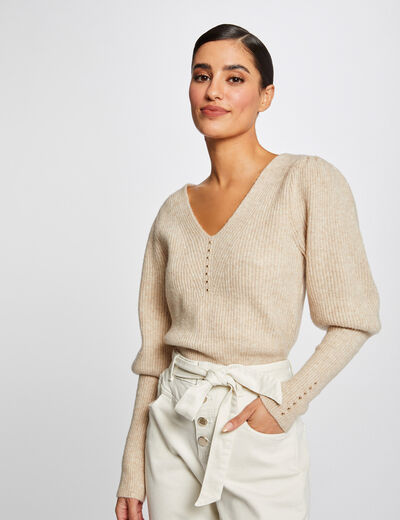 Pull manches longues bouffantes beige femme