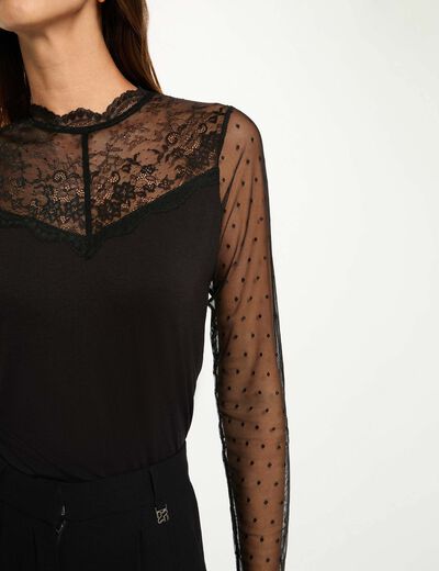 T-shirt dentelle col rond noir femme