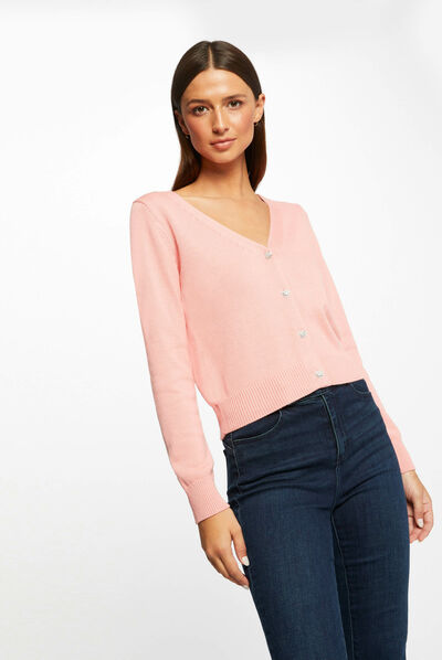 Gilet droit boutonné avec col en V rose pale femme