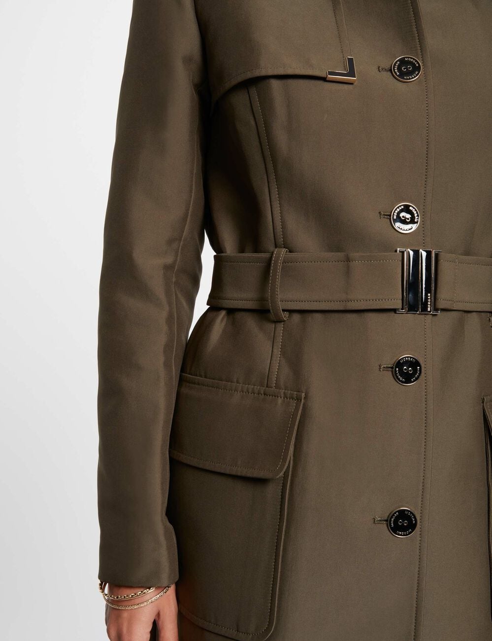 Trench long ceintur&eacute; vert kaki femme