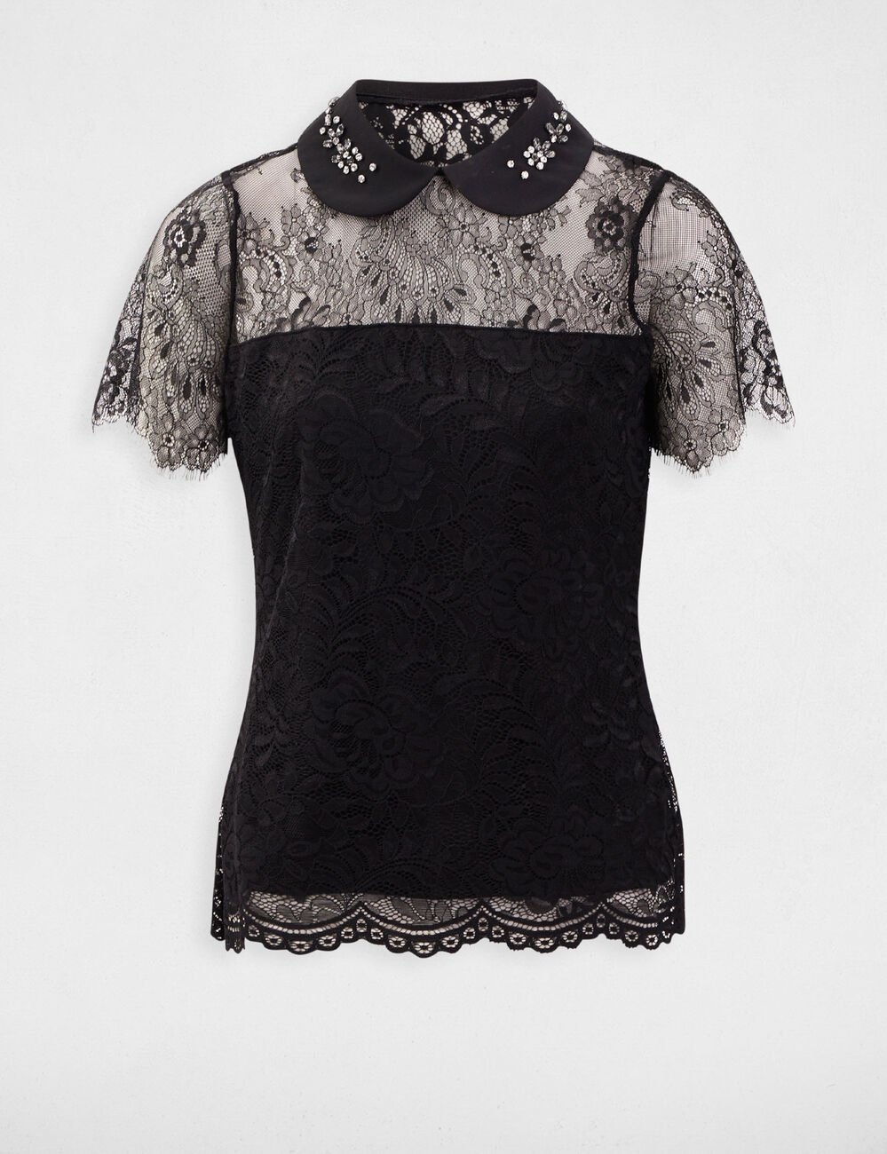 Blouse manches courtes dentelle fente noir femme