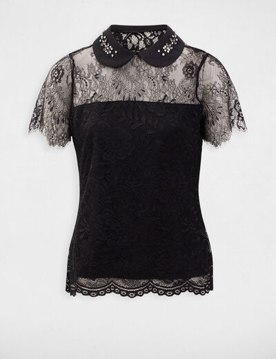 Blouse manches courtes dentelle fente noir femme