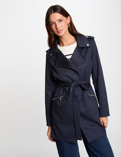 Suède lange jas met riem marineblauw vrouw