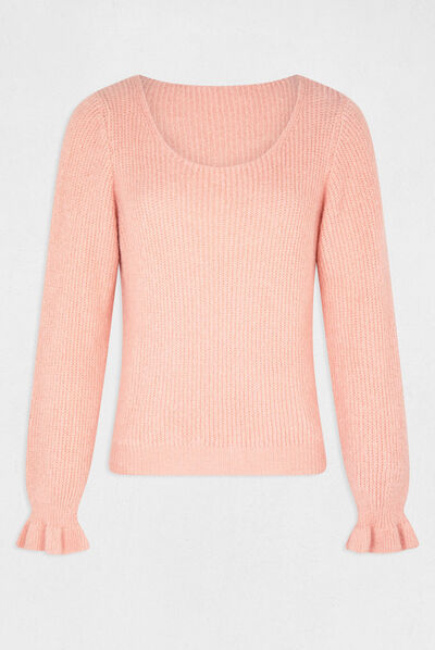 Pull manches longues col rond corail femme