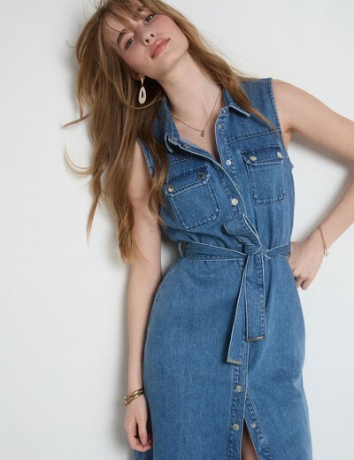 Robe midi trapèze en jean denim stone femme
