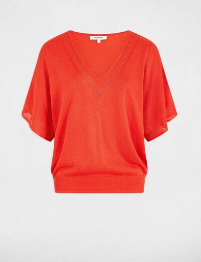 Trui V-hals en korte mouwen donker oranje vrouw