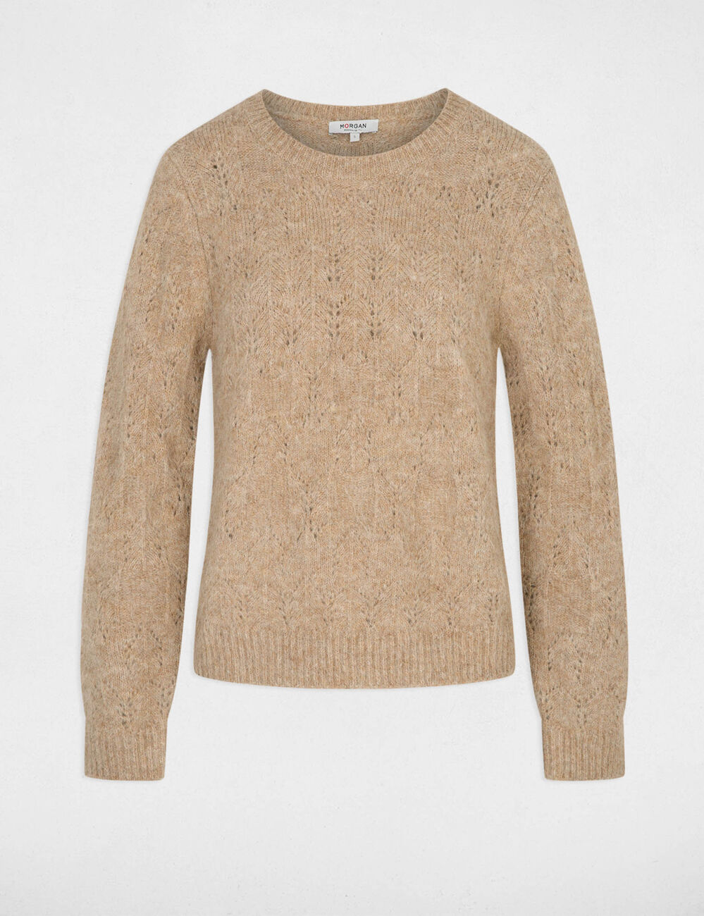 Pull ajour&eacute; col rond beige femme