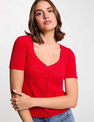 Pull ajusté col v rouge femme