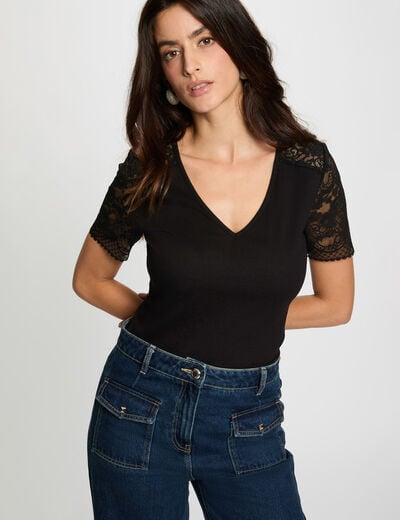 T-shirt dentelle col v noir femme