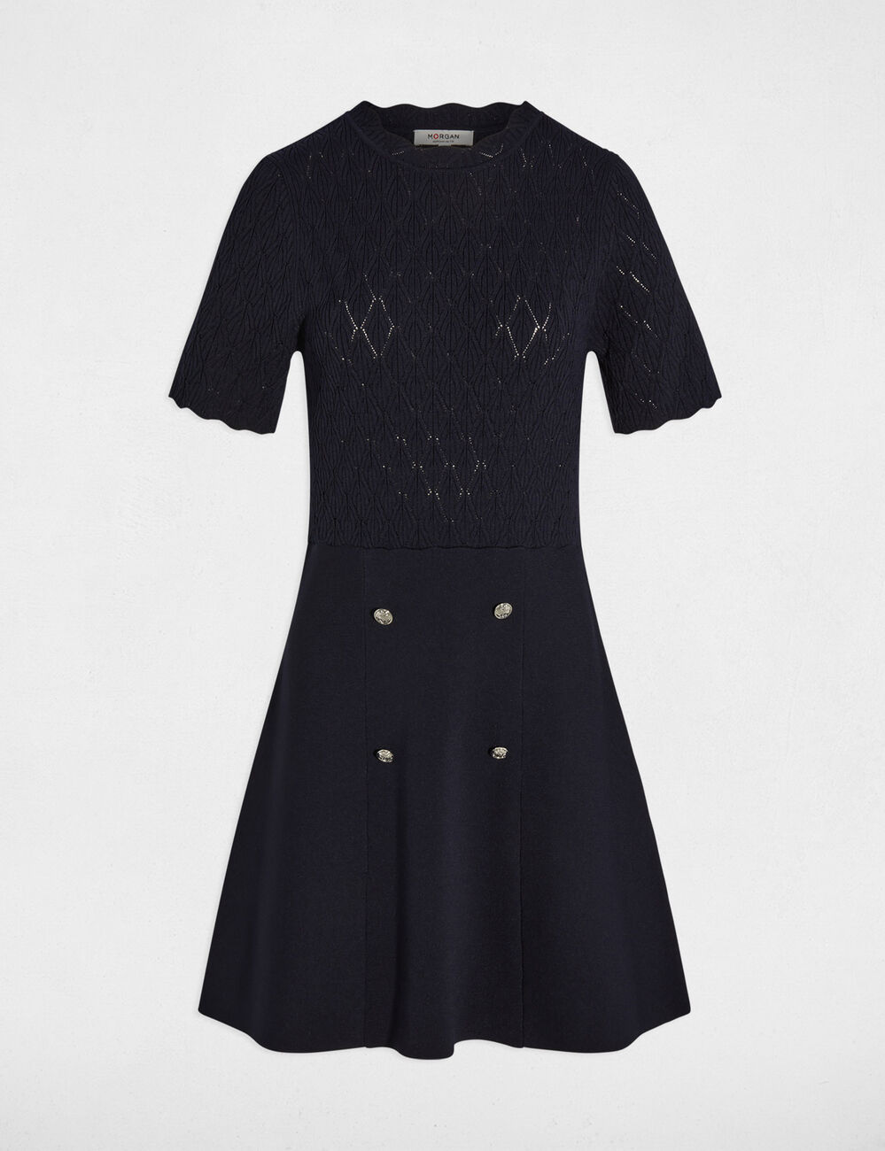 Robe tricot courte col rond bleu marine femme