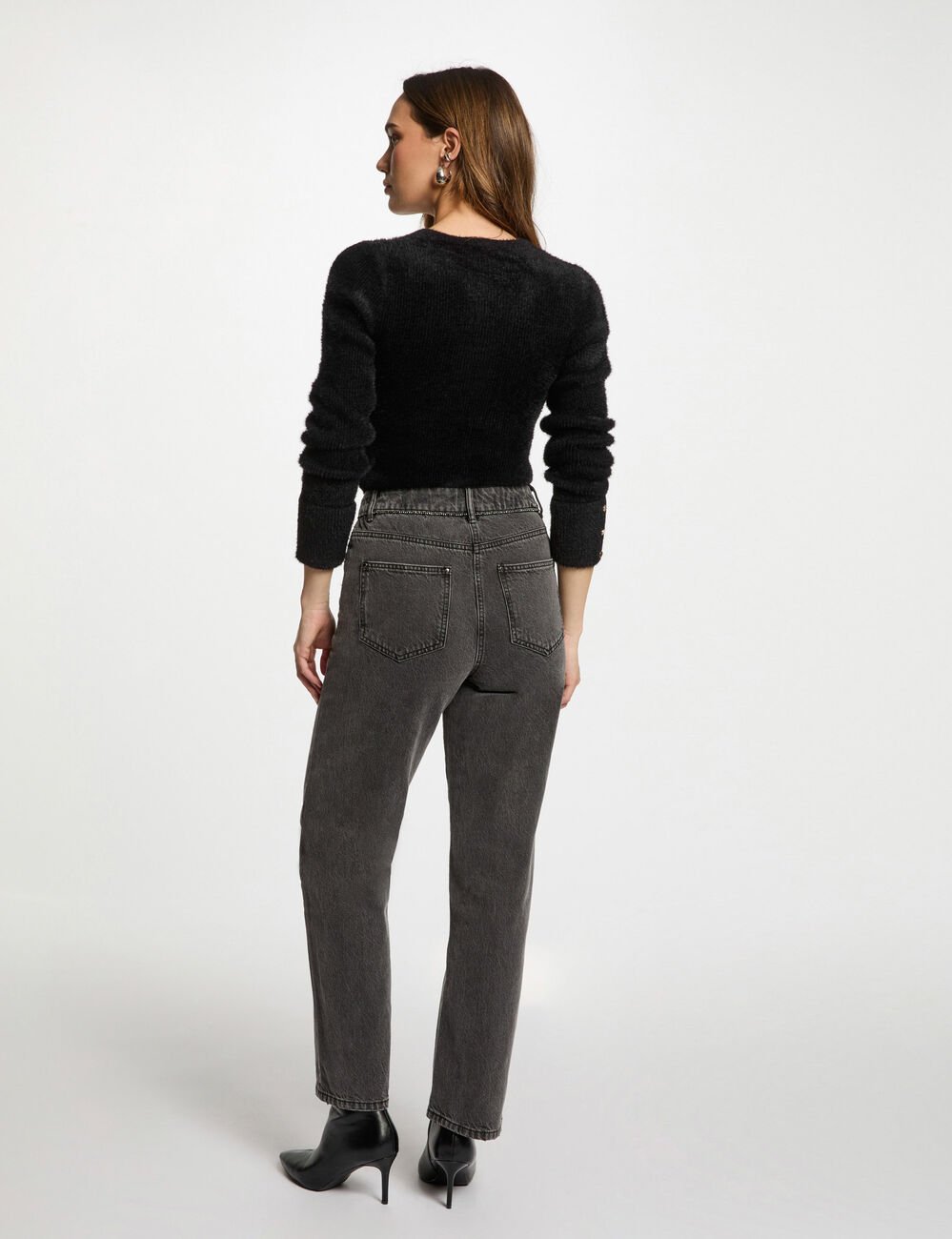 Pull manches longues maille duveteuse noir femme