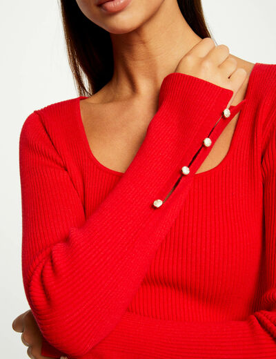 Geribbelde trui met lange mouwen rood vrouw