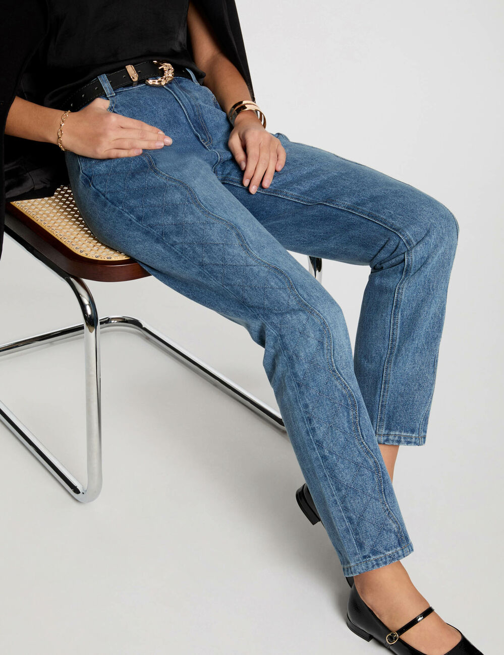 Jeans slim détails matelassés denim stone femme