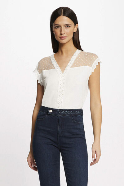 T-shirt manches courtes à plumetis ecru femme