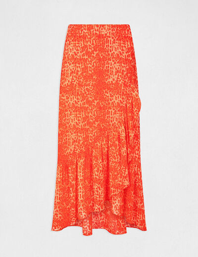 Jupe longue portefeuille imprimé léopard orange femme