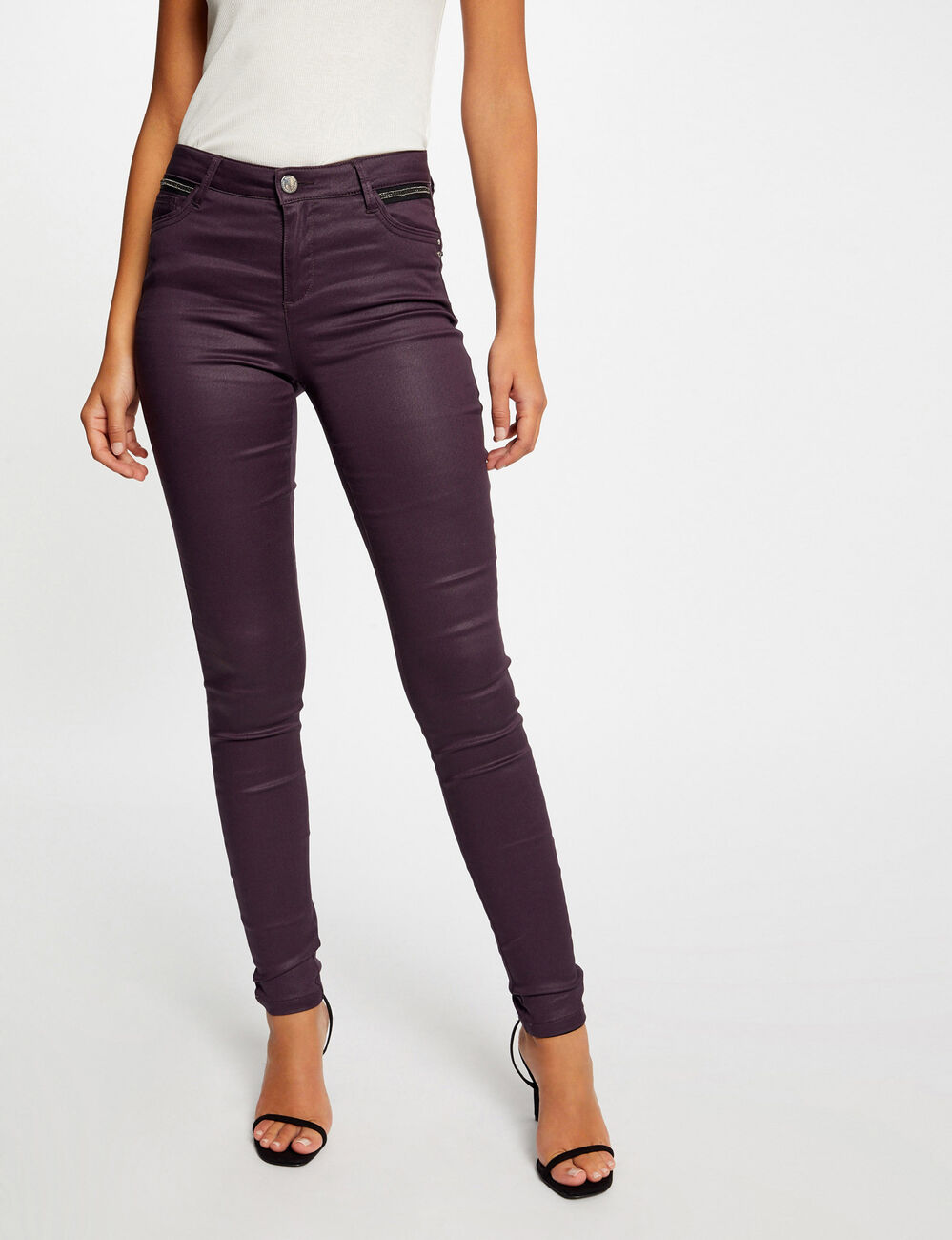 Gecoate skinny broek met juweeldetails pruim vrouw