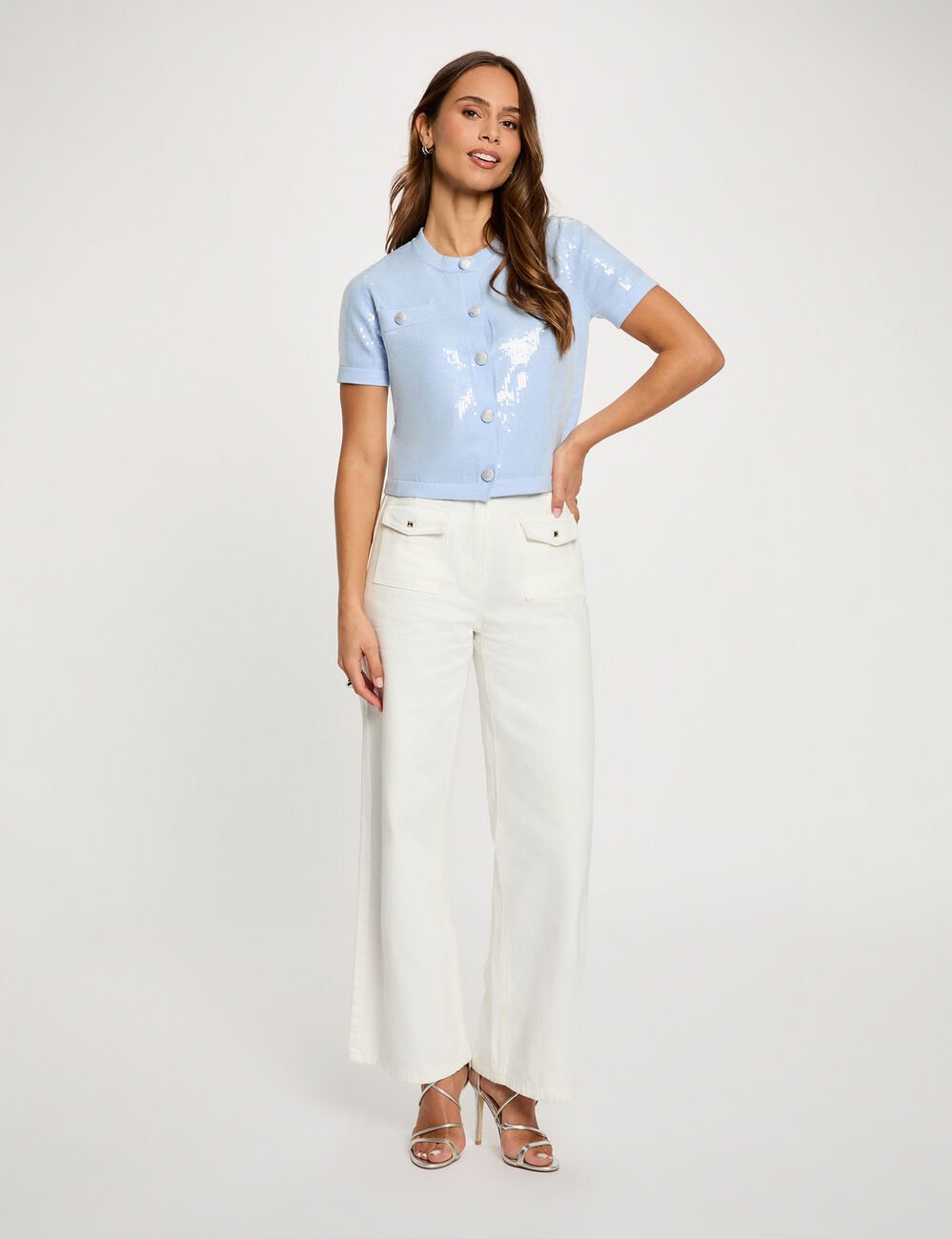 Gilet col rond sequins bleu ciel femme