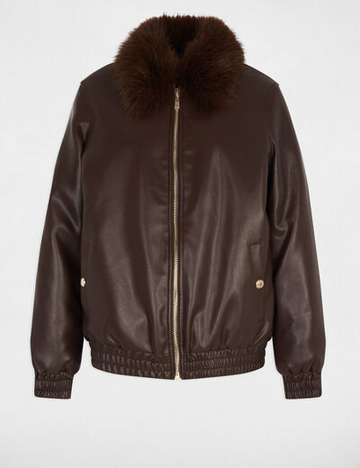 Blouson court col fourrure marron foncé femme