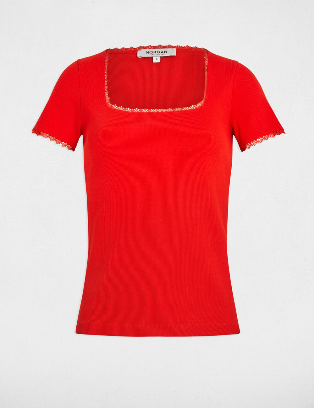 T-shirt korte geribbelde mouwen oranje vrouw
