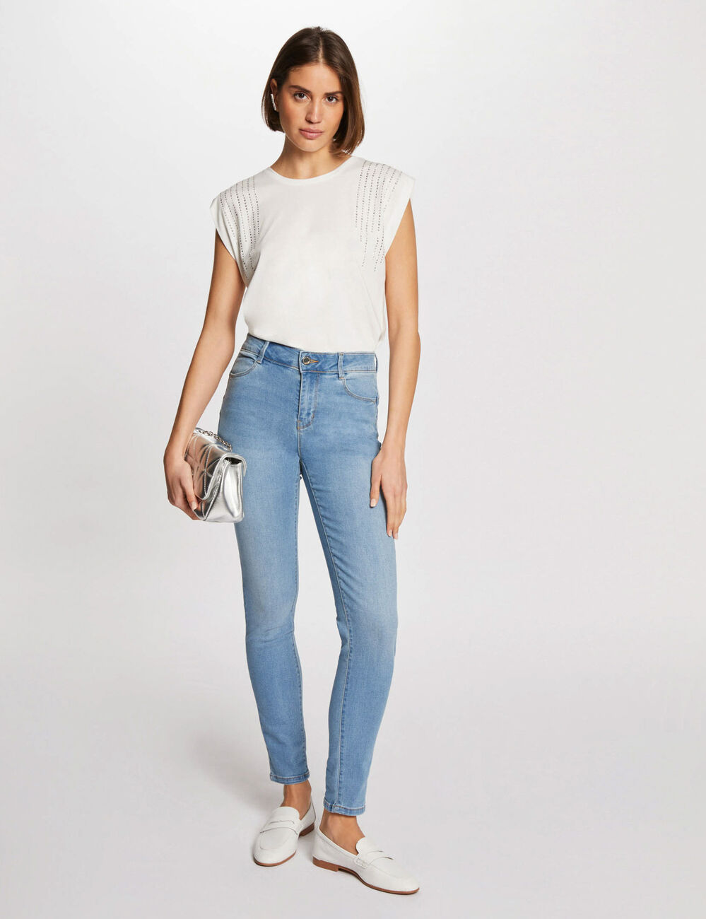 Slim fit jeans standaardmaat gebleekt denim vrouw
