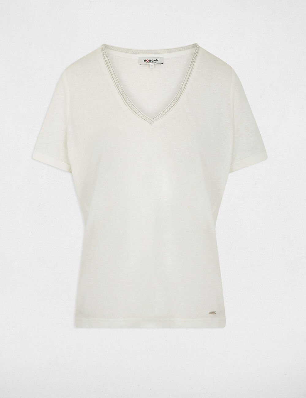 T-shirt col v perl&eacute; blanc femme