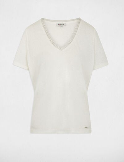 T-shirt col v perl&eacute; blanc femme