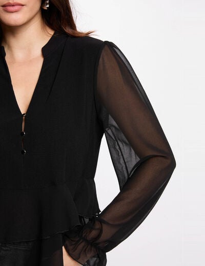 T-shirt met V-hals en ruches zwart vrouw