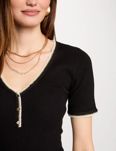 Pull manches courtes côtelé noir femme