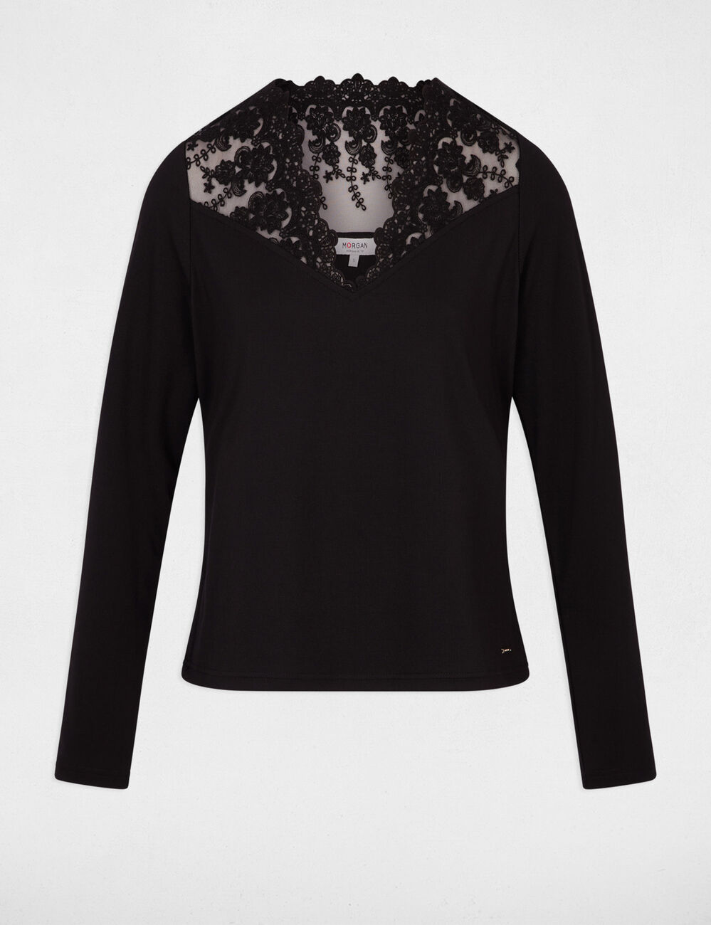 T-shirt met V-hals en kant zwart vrouw