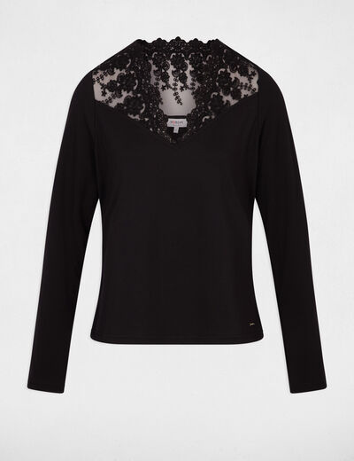 T-shirt met V-hals en kant zwart vrouw