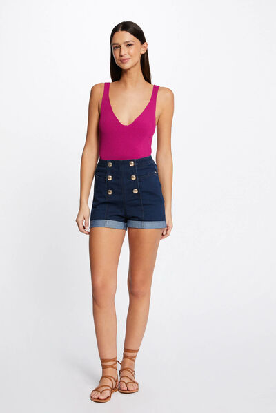 Short ajusté à ponts en jean jean brut femme